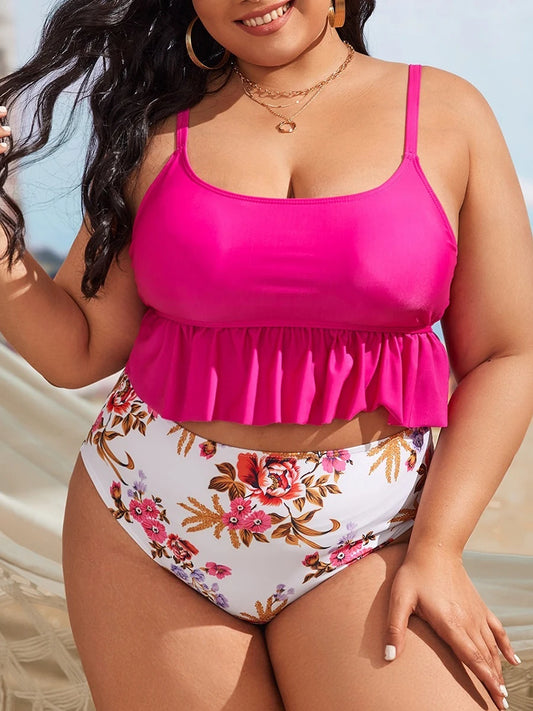Printed Tankini Set Large Plus Size Swimsuit Women Ruffle Swimwear Female Bathers Bathing Swimming Swim Suit Beachwear