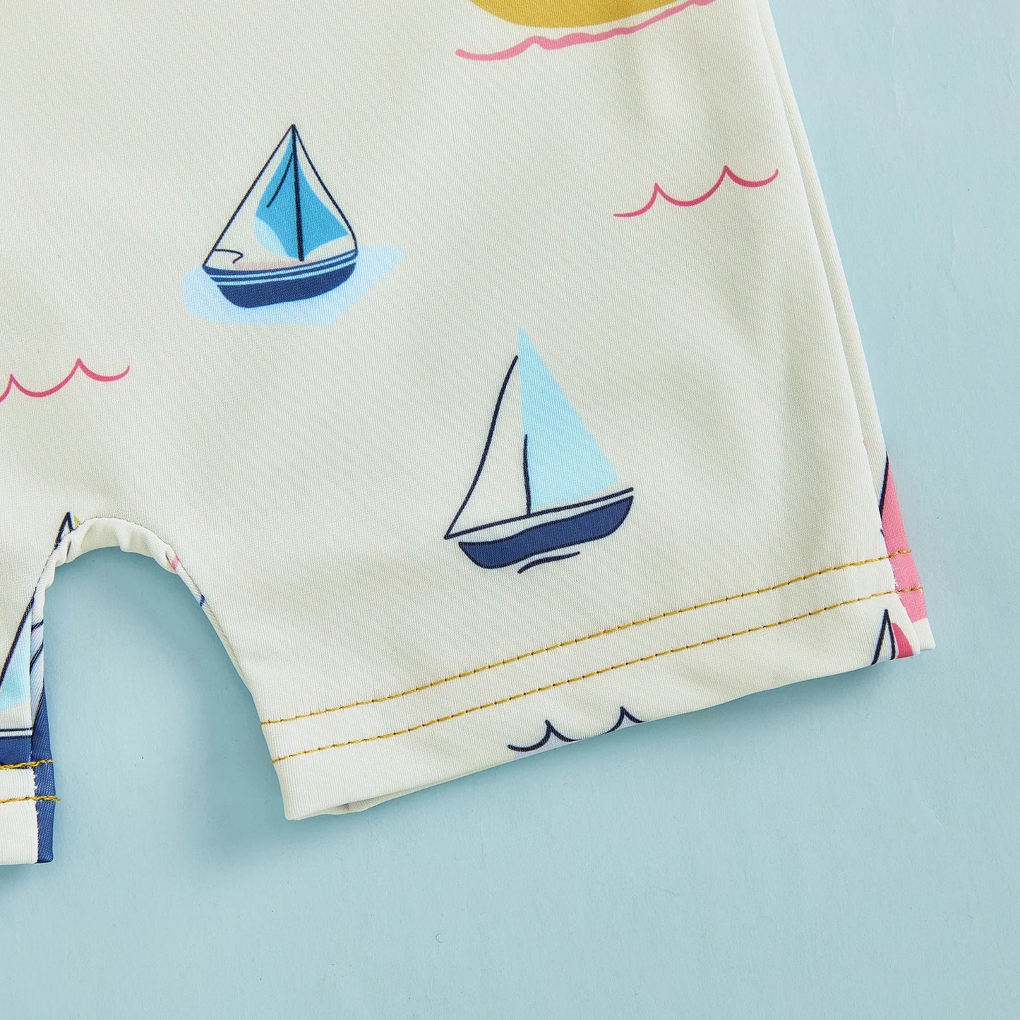 Children Swimsuit with Caps Fashion Sailboat Print Zip Up Long Sleeve Crew Neck Baby Boy Girl Swimwears Beach Wear