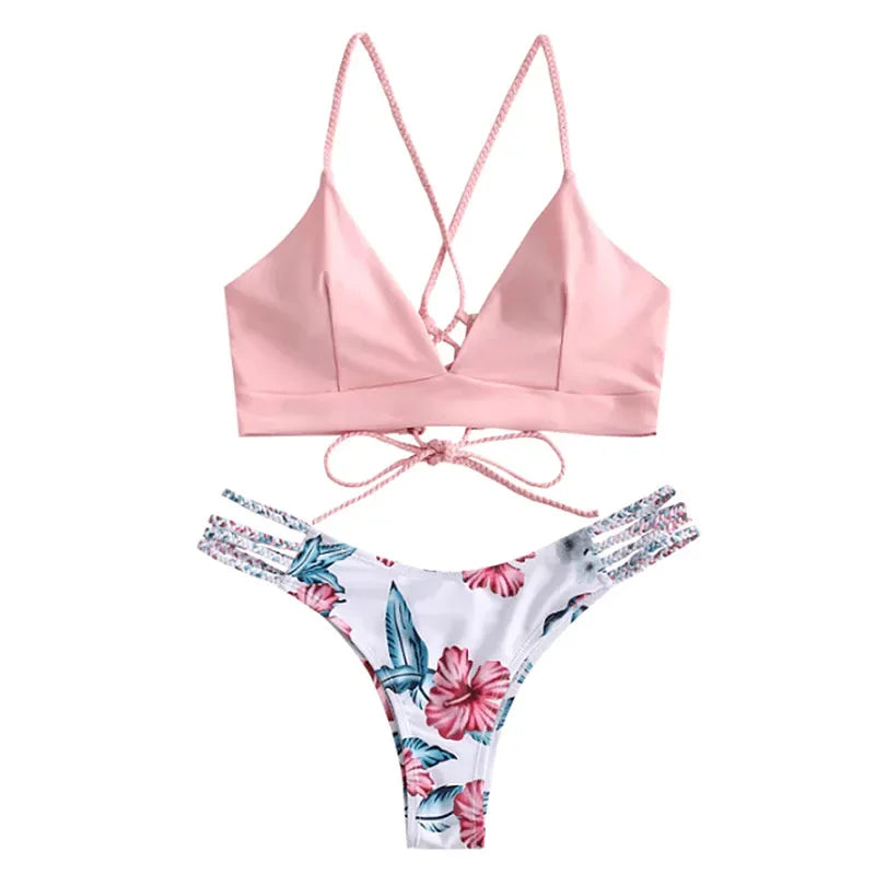Women's Swimming Suit Bikini Front Tie Push Up Padded Swimwear Cut Out Solid Pink Bathing Suit Swimsuit Beachwear