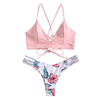 Women's Swimming Suit Bikini Front Tie Push Up Padded Swimwear Cut Out Solid Pink Bathing Suit Swimsuit Beachwear