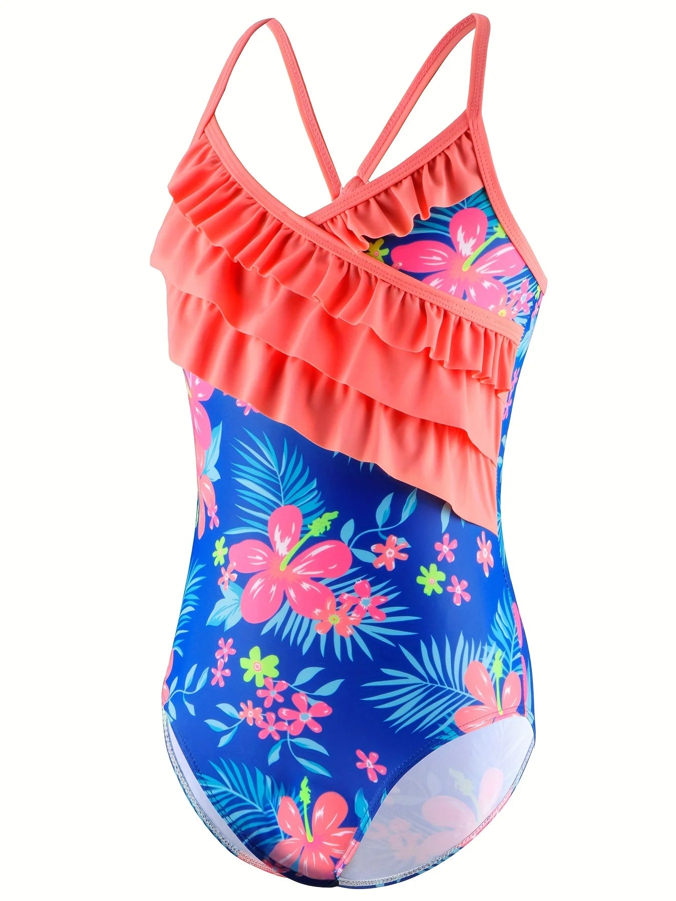 One-Piece Swimsuit Girls Floral Print Asymmetrical Cascading Ruffles Summer Cross Strap Backless Swimwear Bikini-Cut Swim Suit