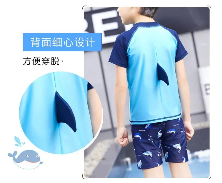 Children's Cartoon Shark Short Sleeve Split Swimwear with Swim Cap, Sun Protection Beach Wear, Baby Boys Swimsuit