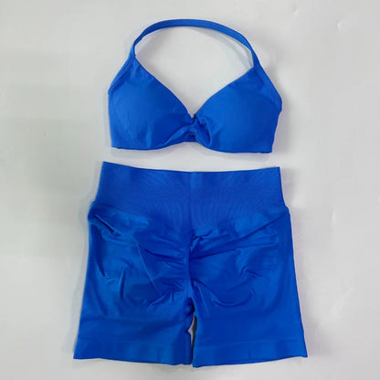 2PCS Gym Set Women Strappy Yoga Bra Top High Waist Workout Scrunch Shorts Sports Suit Seamless Yoga Set Fitness Clothes
