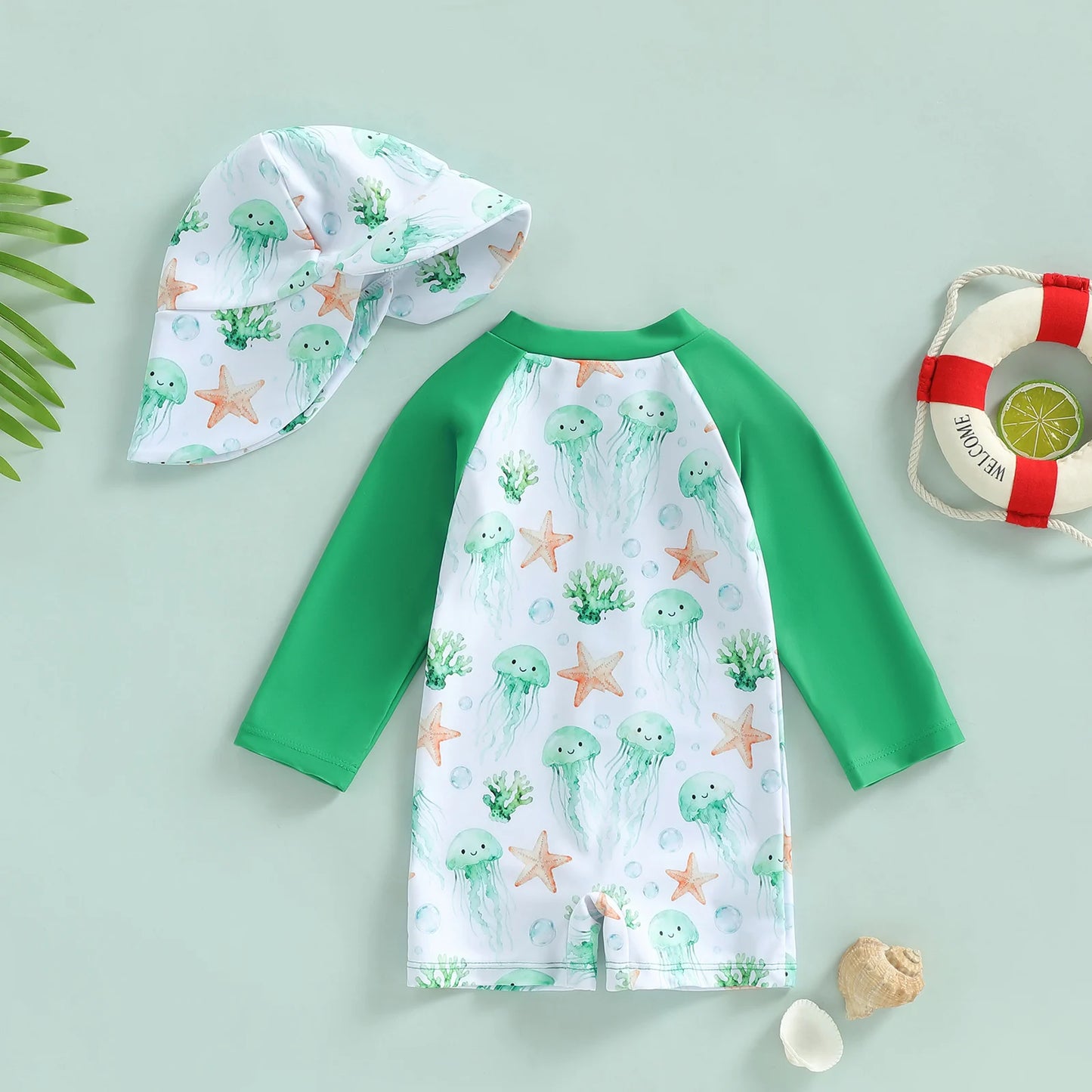 Summer Toddler Kids Baby Boy Rash Guard Swimsuits Animal Print Zipper Long Sleeve Bathing Suits with Swim Cap Swimwear