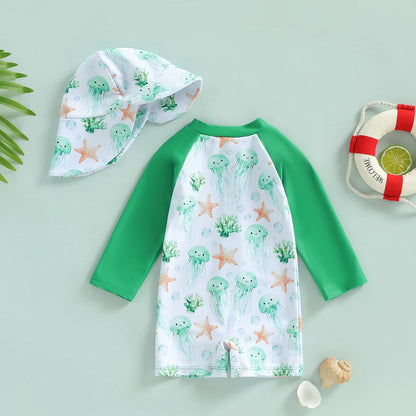 Summer Toddler Kids Baby Boy Rash Guard Swimsuits Animal Print Zipper Long Sleeve Bathing Suits with Swim Cap Swimwear