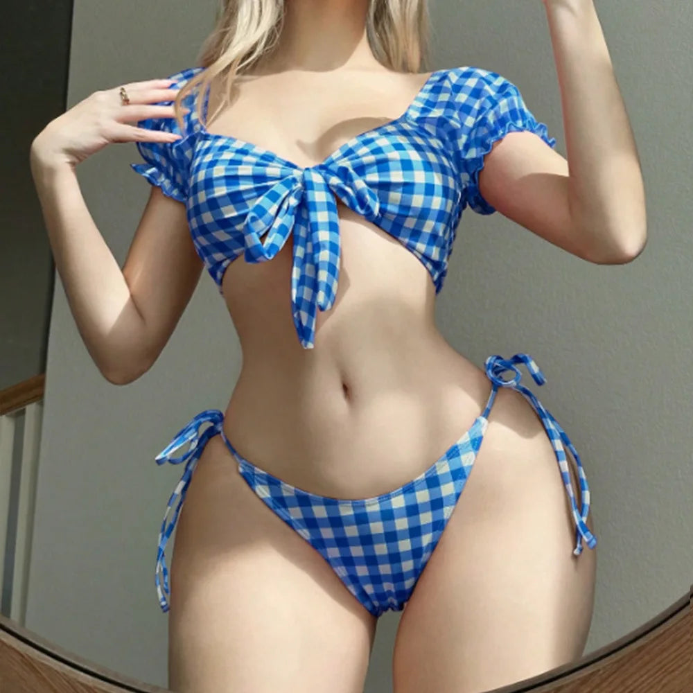 Checkered Two-Piece Swimsuit Bikini Girl Plaid Tie Swimwear Beach Vacation Swimsuit for Women