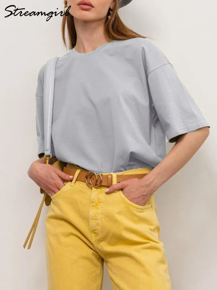 Women T Shirt Cotton 100℅ Summer Basic Tee Short Sleeve Tops Loose T-shirt Casual Women's White Basic T Shirts For Women