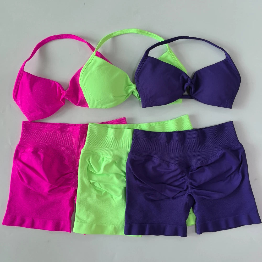 2PCS Gym Set Women Strappy Yoga Bra Top High Waist Workout Scrunch Shorts Sports Suit Seamless Yoga Set Fitness Clothes