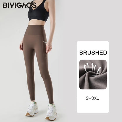 Pocket Brushed Shark Leggings Women Autumn Light Fleece Phone Leggings Slim Tight-Fit Sports Yoga Fitness Leggings
