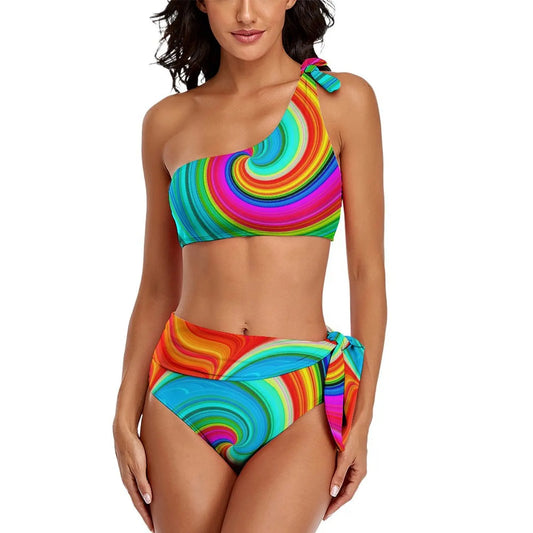 Retro Rainbow Bikinis Set Psychedelic Swirls Bikini Swimsuit High Waist Stylish Swimwear Beach 2 Pieces Feminine Bikinis