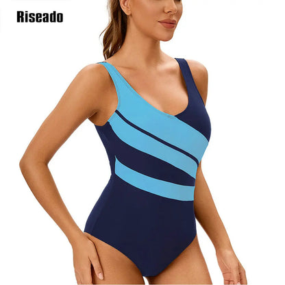 One Piece Swimsuit Women U Back Color Block Print Bathing Suits Athletic Modest Swimwear