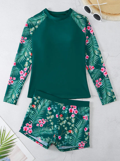 Long Sleeve Surfing Sport Swimwear Women Two Pieces Print Swimwear Female Bathers Bathing Swimming Swim Suit Beachwear Lady
