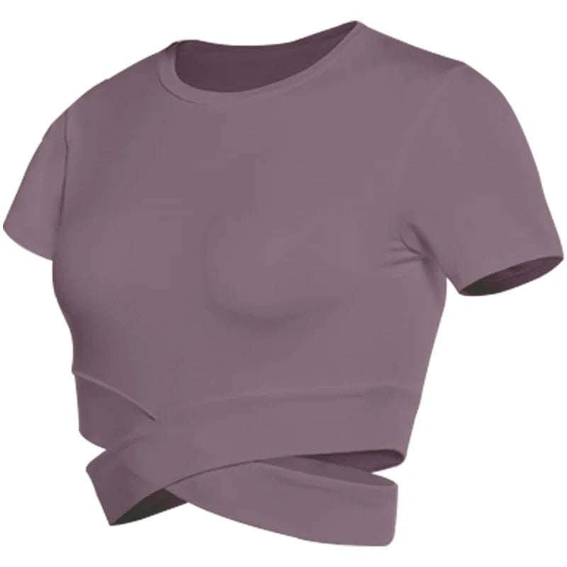Aiithuug Waist Yoga Short Sleeve Crisscross Waist Breathable Gym Shirts Sports Tops Workout Fitness Crop Top Yoga Top