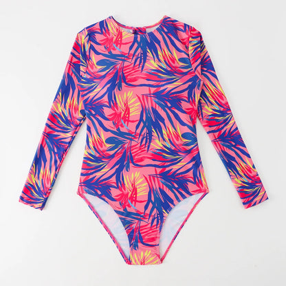 Floral One Piece Swimsuit Long Sleeve Zipper Swimwear Women Bathing Suit Beachwear Monokini Female Swim Surfing Suits