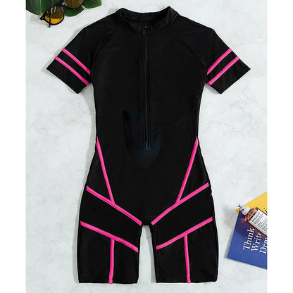 Solid Short Sleeve Swimwear Women Hollow Mesh Push Up One Piece Swimsuit Monokini Summer Beach Bathing Suit