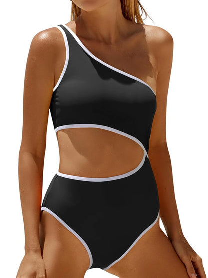 One Shoulder Solid One Piece Swimsuit Women Color Block Hollow Swimwear Female Bathers Bathing Swim Suit Padded Beachwear