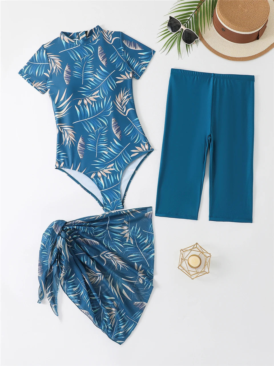 Summer Three Pieces Print Bodysuit Swimwear With Short Pants & Cover Up Beach Skirt Female Bathing Suits Pool Swimming Swimwear