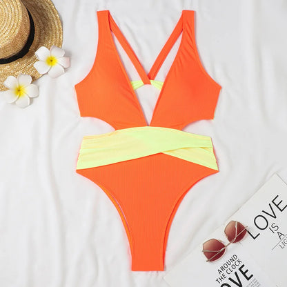 Patchwork Solid Swimwear Women Strapped One Piece Swimsuit Beach Lady Monokini Backless Hollow Bathing Suit