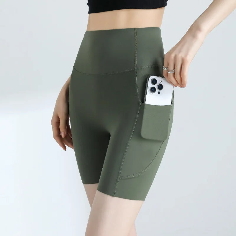 Summer Pocket Yoga Mini Shorts Women High Waist Butt Lifting Tight Short Leggings Thin Sport Fitness Cycling Shorts