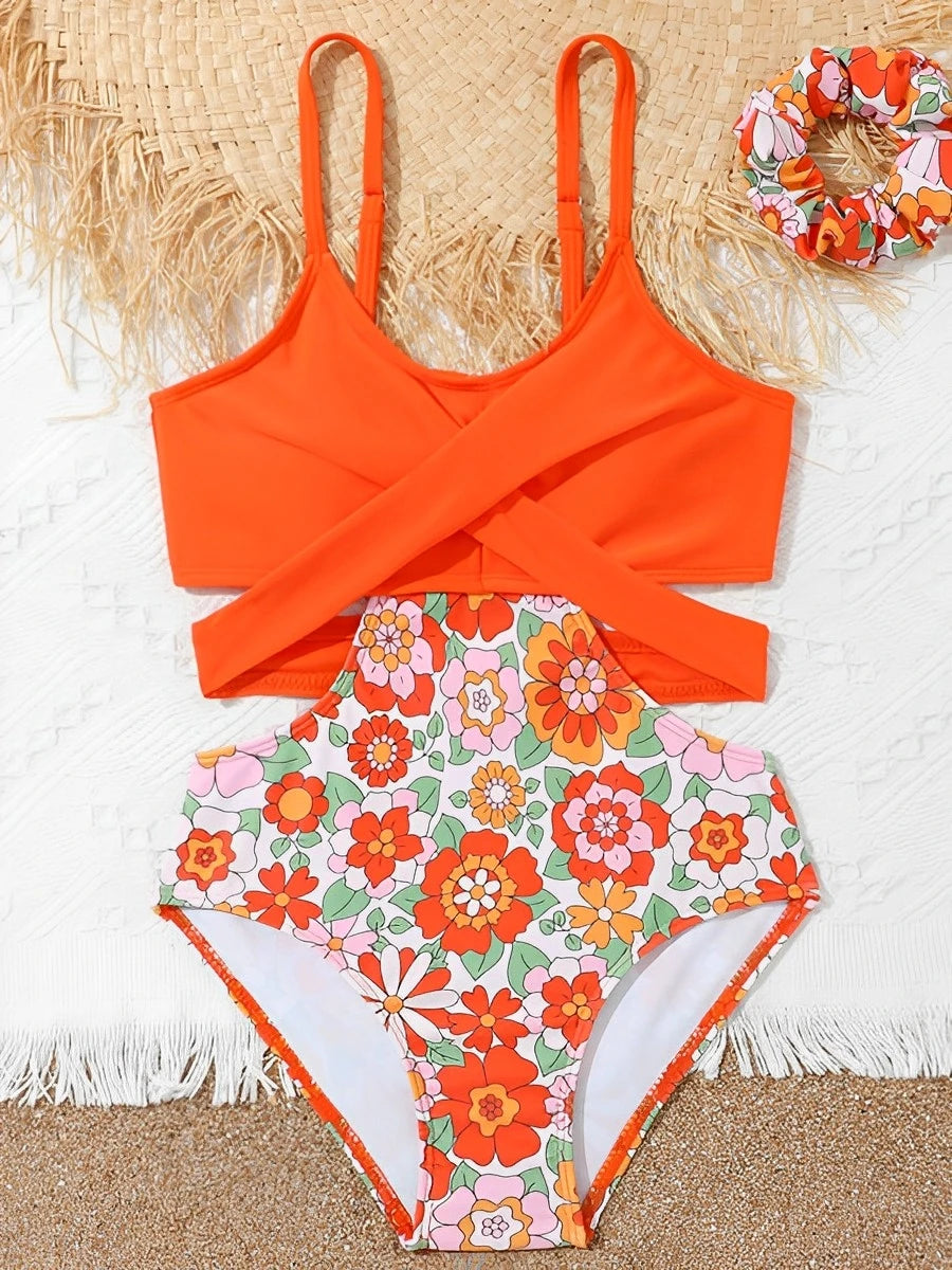 Flower Print Hollow Cross Girls Swimsuit One Piece Kids Swimwear Female Children's Bathers Bathing Swimming Swim Suit Beachwear