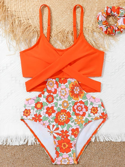Flower Print Hollow Cross Girls Swimsuit One Piece Kids Swimwear Female Children's Bathers Bathing Swimming Swim Suit Beachwear