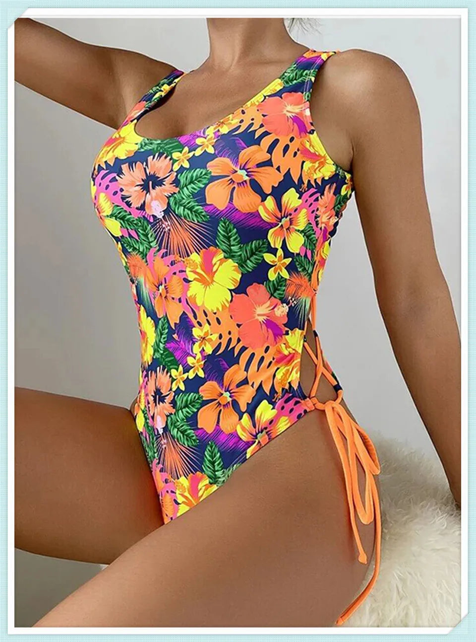 Lace Up Back Swimsuit One Piece Printed Swimwear Women Backless Bathing Swimming Suit Female Padded Beachwear Bodysuit