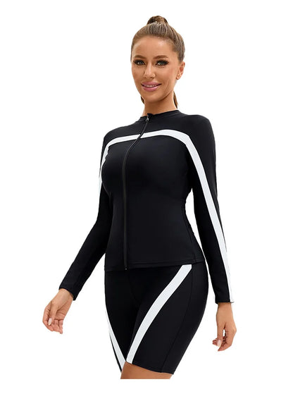 Women's Long Sleeve 3-Piece Swim Set UPF 50+ Rashguard Top High Waist Swim Shorts Full Coverage Modest Swimwear for Diving