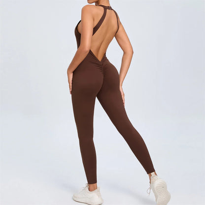 Pad Scrunch Backless Yoga Sport Jumpsuit Women Monkeys One Piece Gym Outfit Legging Fitness Overalls Workout Pant Clothing