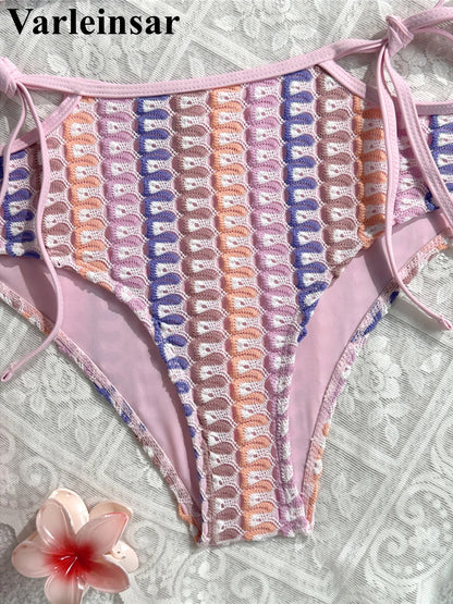 Colorful Cut Out Halter Bikini Female Swimsuit Women Swimwear Two-pieces Bikini set Mid Waist Bather Bathing Suit Swim