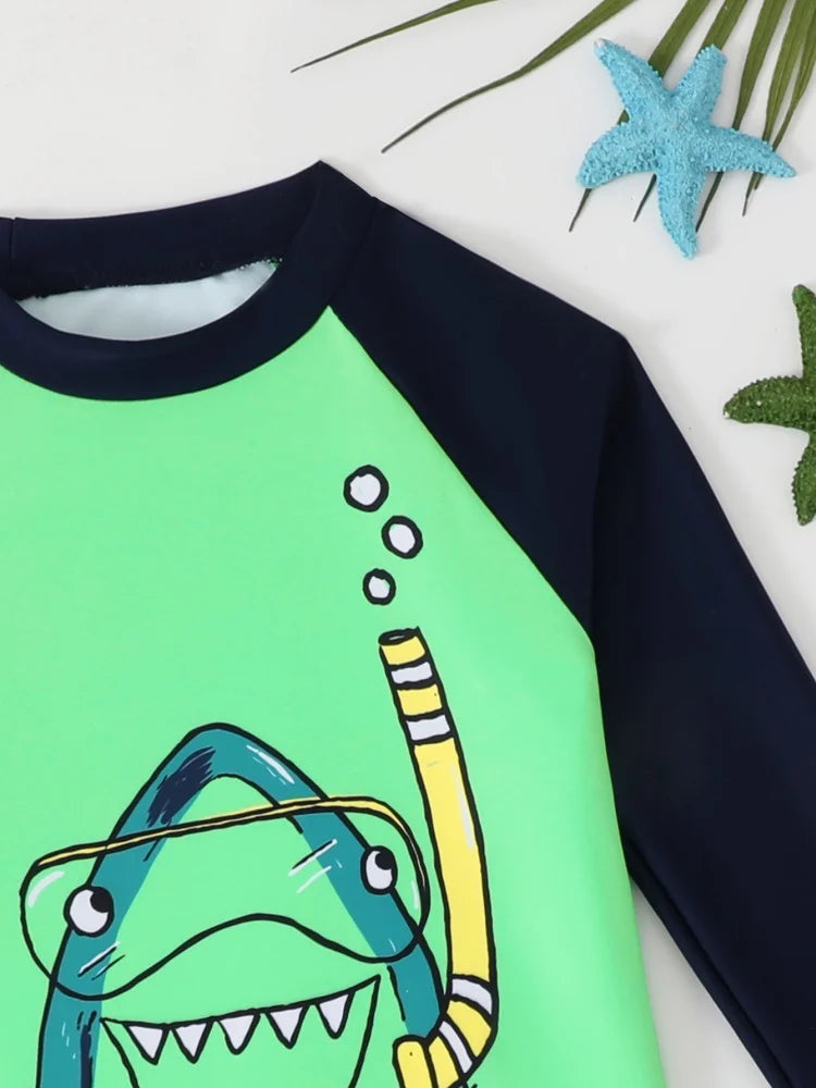 Boy Kids Swimsuit Cartoon Shark Long Sleeves Children Swimwear Summer Two Piece Beachwear Shorts Bathing Suit Swimming