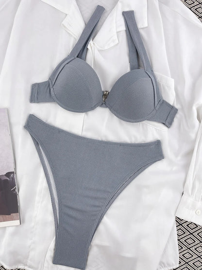 Ribbed Bra Cup High Waist Bikini Women Swimsuit Female Swimwear Two Pieces Bikini set Push Up Bather Bathing Suit Swim Lady