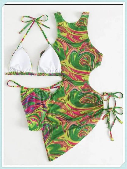 3 Piece Print Halter Triangle Bikini Sets Women Cover Up Swimwear Summer Swimsuit Female Bathing Swimming Suit Beachwear