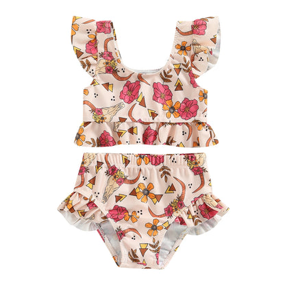 Tregren Cute Toddler Baby Girl Bikini Flower/Bull Head Print Swimsuit Ruffle Swimwear Summer Swimming Pool Hot Spring Beach Wear