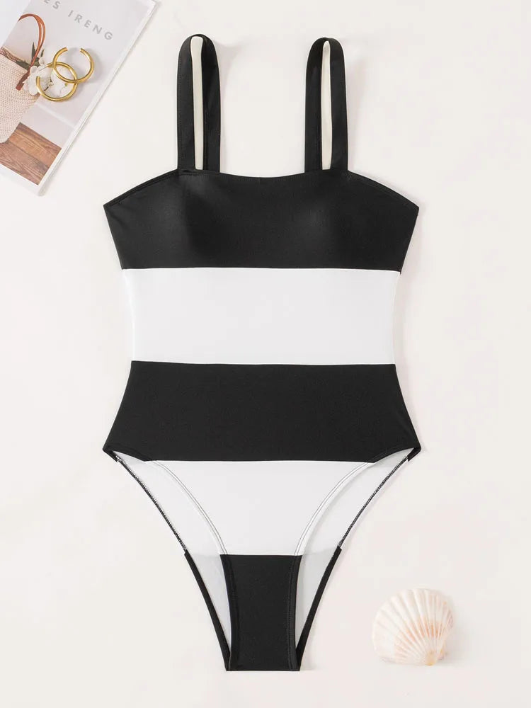 Black and White Strapped Swimwear Women Solid Patchwork One Piece Swimsuit Push Up Lady Monokini Beach Summer Bathing Suit