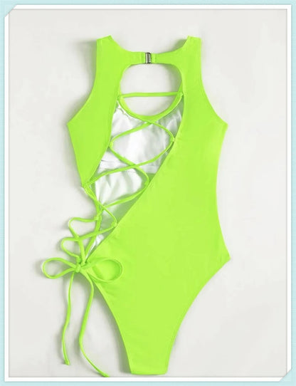 Lace Up Back Swimsuit One Piece Printed Swimwear Women Backless Bathing Swimming Suit Female Padded Beachwear Bodysuit