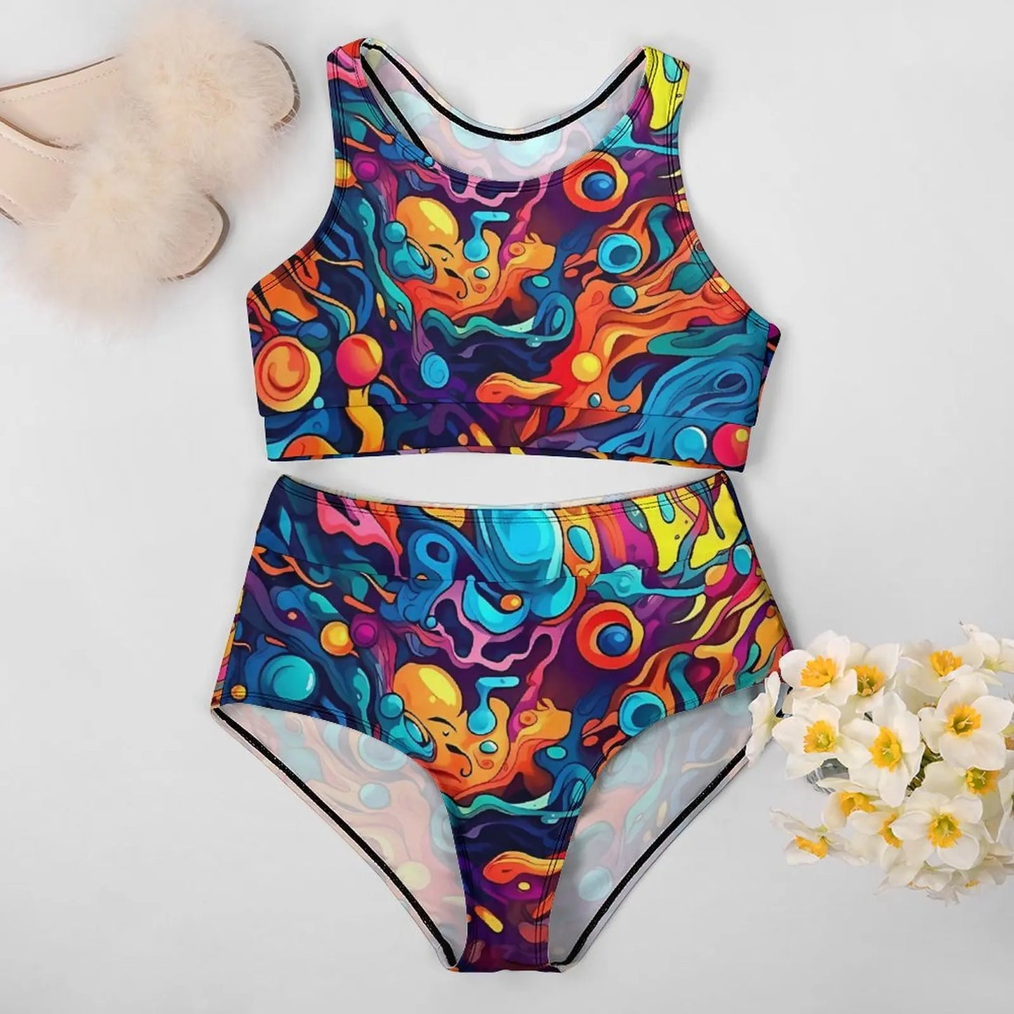 Abstract Graffiti Doodle Print Bikini Swimsuit High Waist Bikinis Set Women Modern Swimwear Push Up Custom Feminine Bikinis