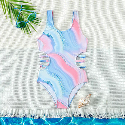 kids Tie-dye Print One-piece Swimsuit for Teen Girls Blue Swimwear Bathing Suits 5-15 Years