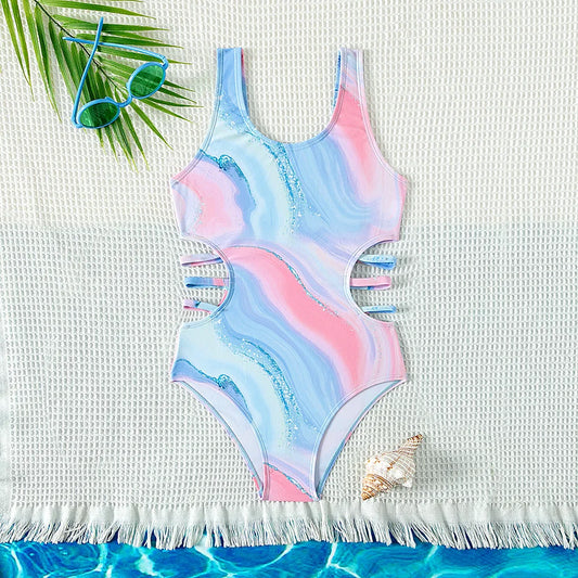 kids Tie-dye Print One-piece Swimsuit for Teen Girls Blue Swimwear Bathing Suits 5-15 Years