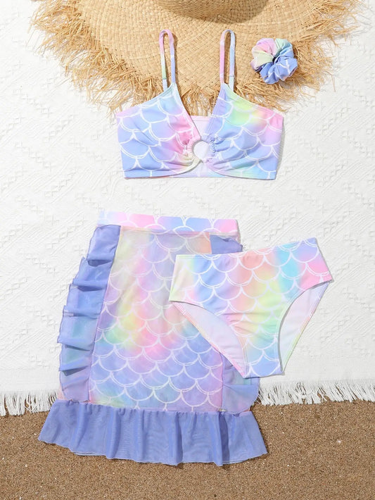 3 Pieces Bikini Girls Swimsuit High Waist Kids Swimwear Female & Ruffle Beach Skirt Children Swimming Swim Suit