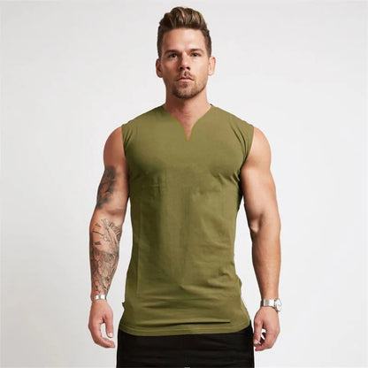 Cotton V-neck Fitness Tank Top Men Summer Muscle Vest Gym Clothing Bodybuilding Sleeveless Shirt Workout Sports Singlets