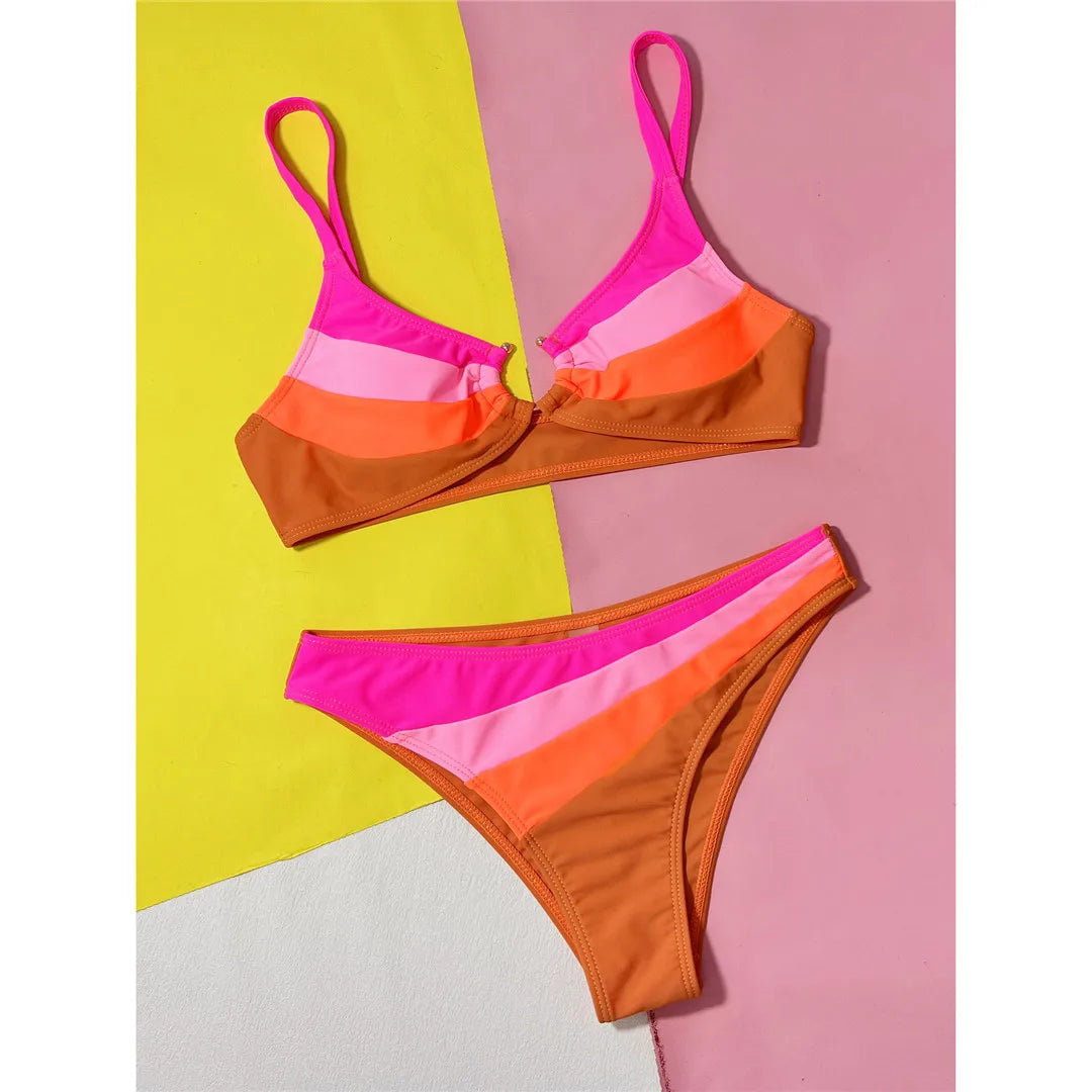 Splicing Cut Out Brazilian Bikini Female Swimsuit Women Swimwear Two-pieces Bikini set High Cut Bather Bathing Suit Swim V5439