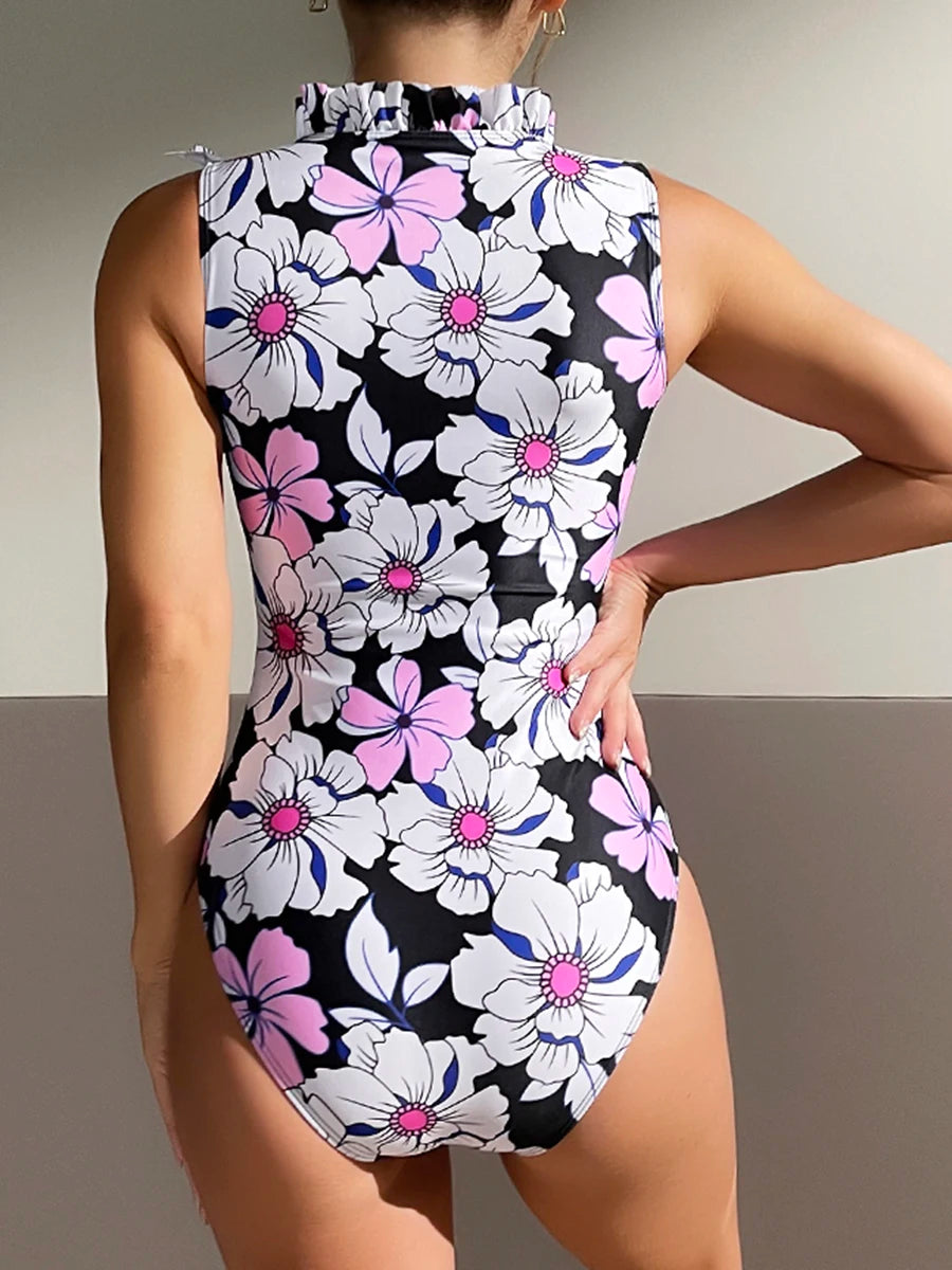 Ruffle Swimwear Women Zipper Sleeveless Swimsuit One Piece Floral Bodysuit Bathers Bathing Swimming Suit Sports Beachwear