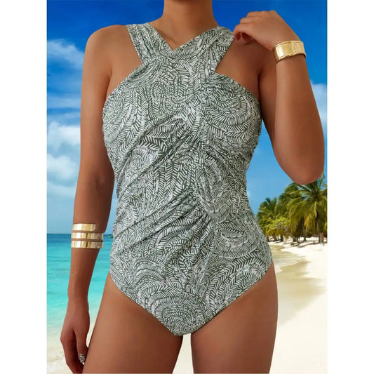 One-Piece Swimsuit Halter Texture Printed Summer Beach Swimwear Bathing Suit For Women