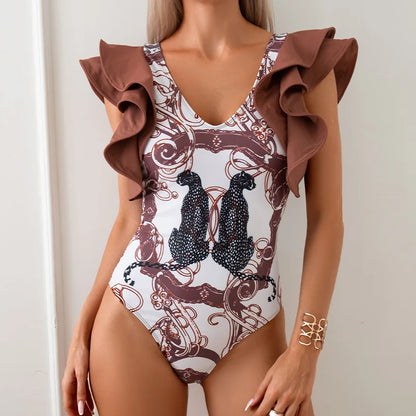 Ruffle Printed Swimsuit Women One Piece Backless Swimwear Female V-neck Beachwear Bathers Bathing Swimming Swim Suit