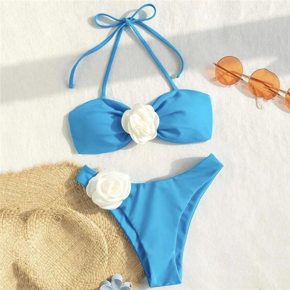 Flower Bandeau Swimwear Thong Bikini Women Lace-up Swimsuits Swimming Bathing Suit Brazilian Bikinis Set