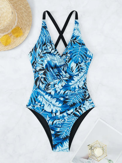 Strappy Leaves Printed Swimsuit Women One Piece Crisscross Back Swimwear Female Bodysuit Bathing Swimming Suit Beachwear
