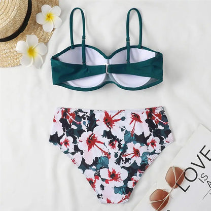 Women Bikini Set Solid Color Underwire Padded Push-Up Split Bikini Bra Print High Waist Bottoms Swimsuit Women Bathing Suit