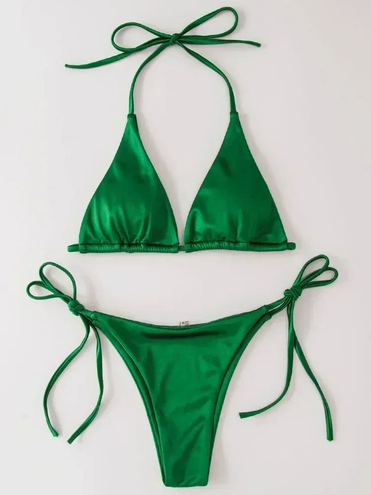Wrap Around Halter Metallic Satin Bikini Women Swimwear Female Swimsuit Two-pieces Bikini Set Brazilian Bathing Suit Swim Lady