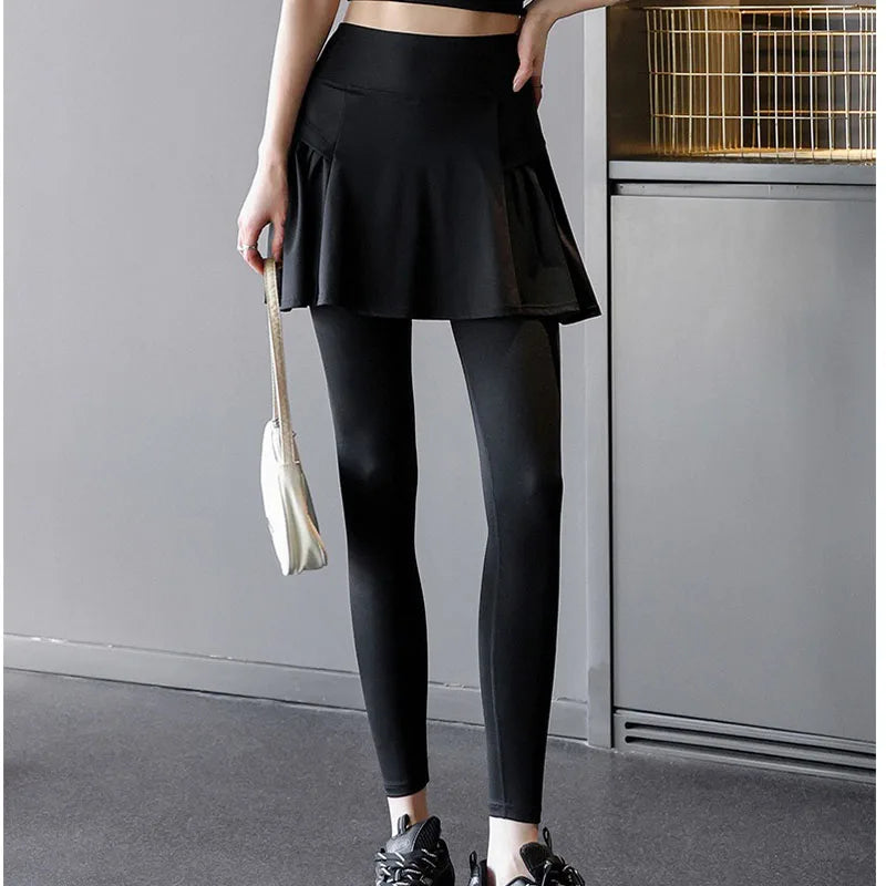 Side Ruched Women Tennis Skirted Leggings with Pockets Capris Yoga Leggings with Skirts Tennis Pickleball Clothing