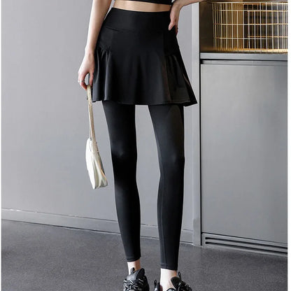 Side Ruched Women Tennis Skirted Leggings with Pockets Capris Yoga Leggings with Skirts Tennis Pickleball Clothing